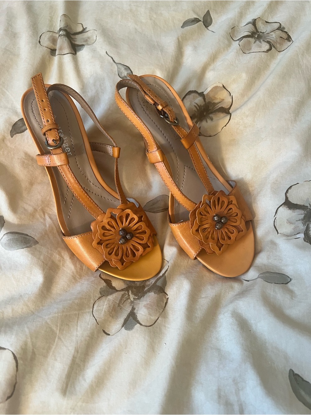 Women’s Tan Floral T-Strap Sandals - Elegant Summer Style